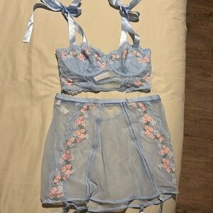 Sheer Light Blue Floral Lace Lingerie Set